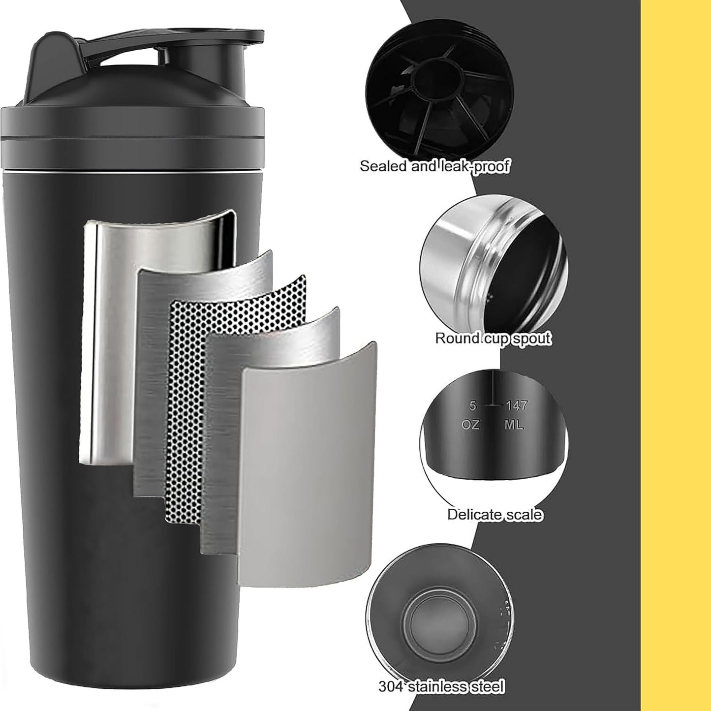 Stainless Steel Protein Shaker Bottle with Blender Mixer Ball