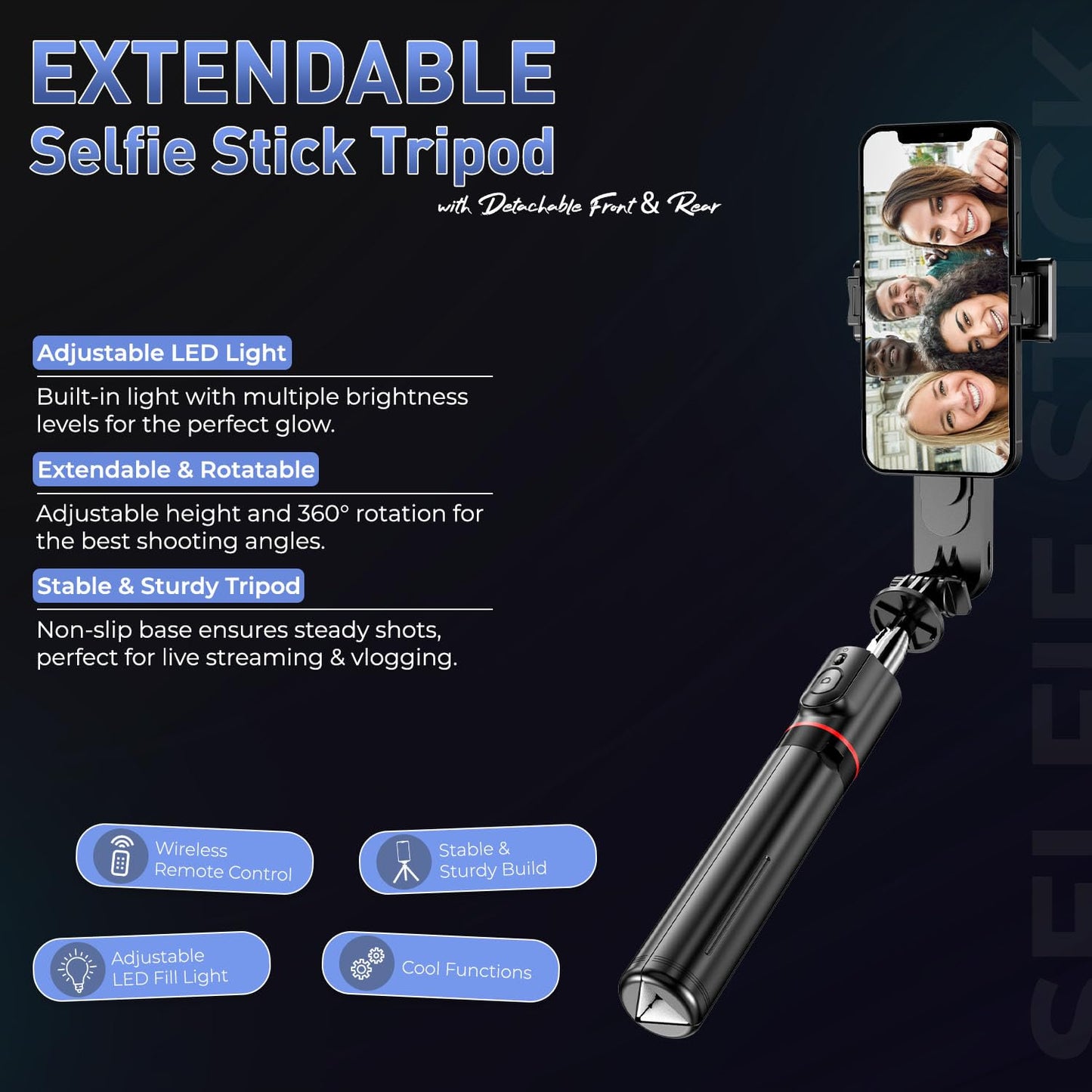L15 Selfie Stick Tripod with Detachable LED Light