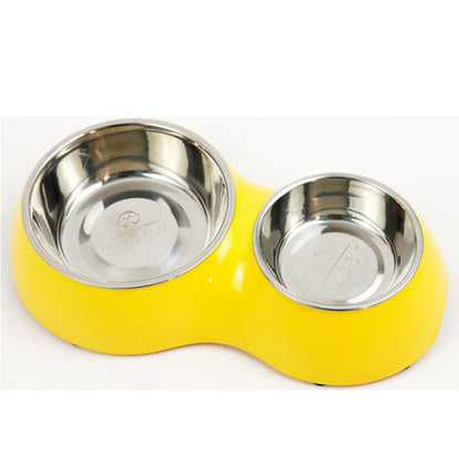 Cat Double Bowl Slow Food Anti-Tumble Dog Stainless Steel Food Basin Orange & Yellow