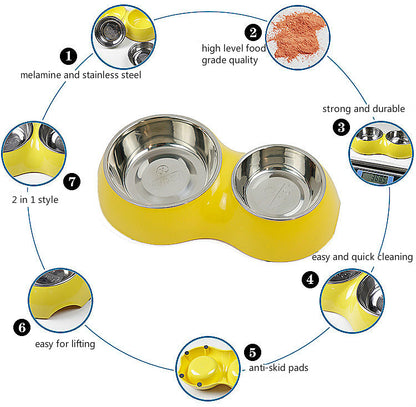 Cat Double Bowl Slow Food Anti-Tumble Dog Stainless Steel Food Basin Orange & Yellow