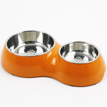Cat Double Bowl Slow Food Anti-Tumble Dog Stainless Steel Food Basin Orange & Yellow